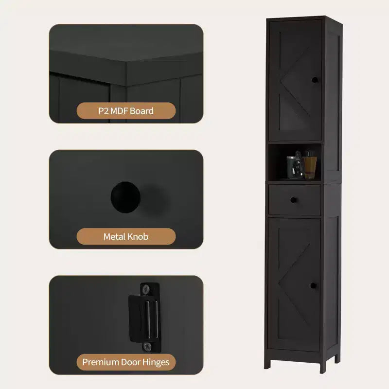 Mobiletto da bagno a colonna sottile con ripiani regolabili, nero/grigio/bianco