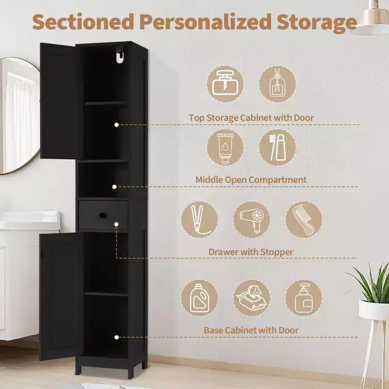 Mobiletto da bagno a colonna sottile con ripiani regolabili, nero/grigio/bianco