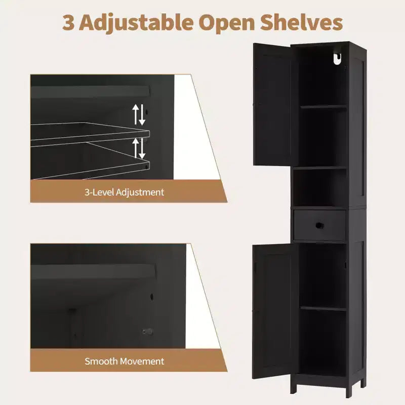 Mobiletto da bagno a colonna sottile con ripiani regolabili, nero/grigio/bianco