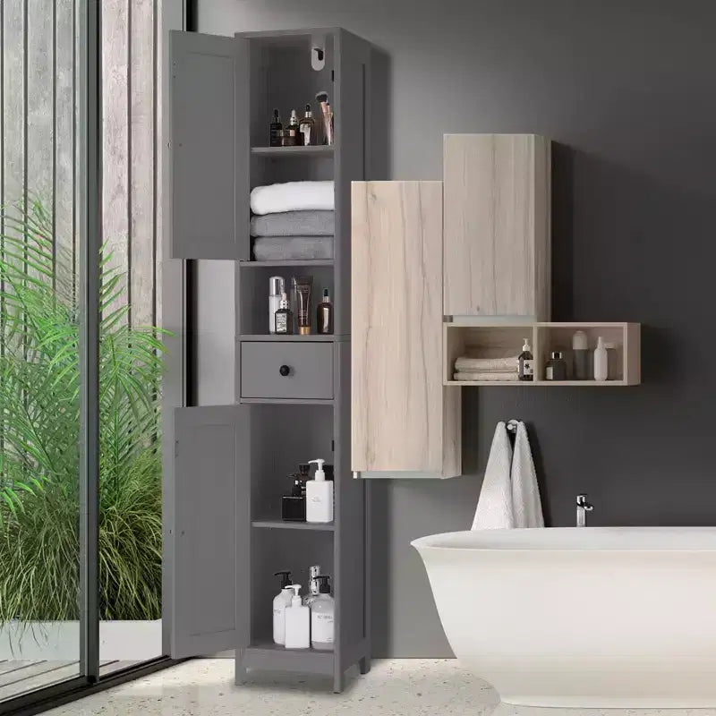 Mobiletto da bagno a colonna sottile con ripiani regolabili, nero/grigio/bianco