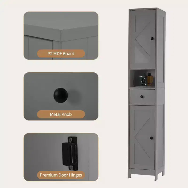 Mobiletto da bagno a colonna sottile con ripiani regolabili, nero/grigio/bianco