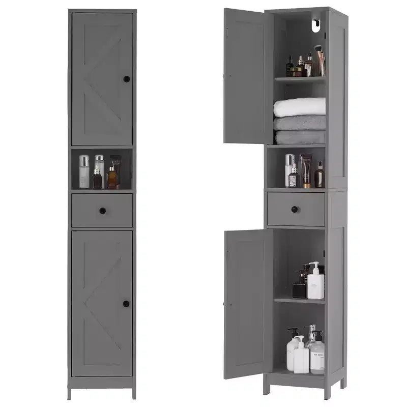 Mobiletto da bagno a colonna sottile con ripiani regolabili, nero/grigio/bianco