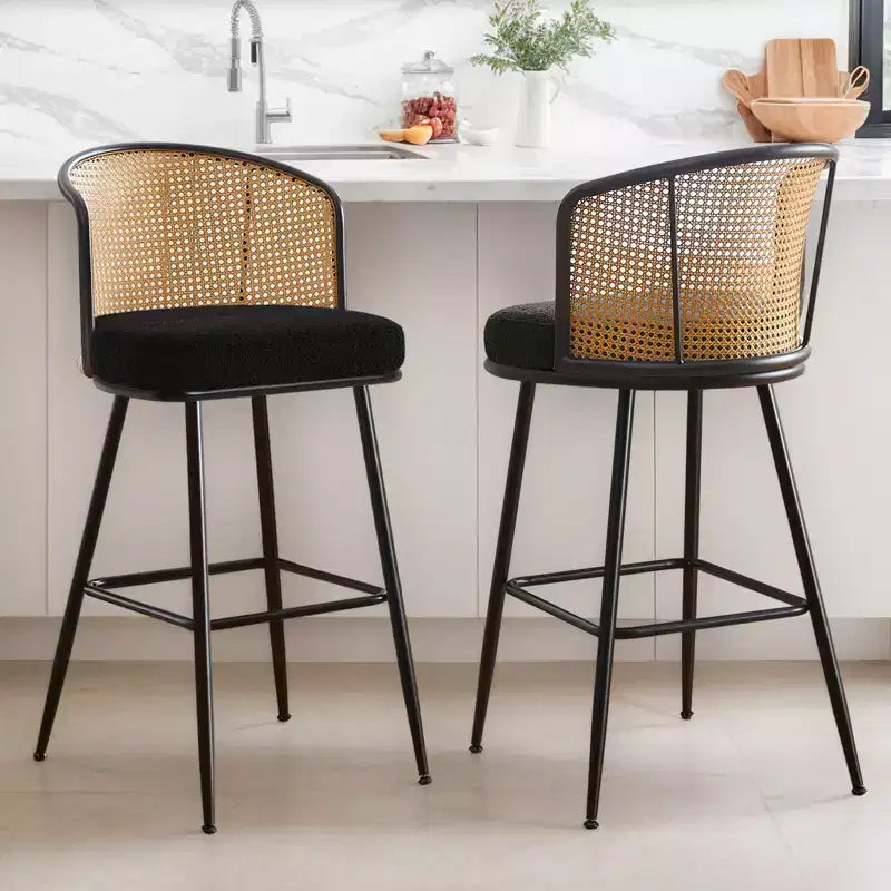Sgabelli da bar in tessuto bouclé nero/bianco/verde e pelle PU con schienale in rattan – Set da 2/3/4, altezza bancone