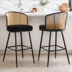 Sgabelli da bar in tessuto bouclé nero/bianco/verde e pelle PU con schienale in rattan – Set da 2/3/4, altezza bancone