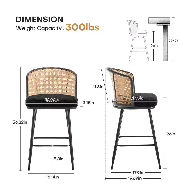 Sgabelli da bar in tessuto bouclé nero/bianco/verde e pelle PU con schienale in rattan – Set da 2/3/4, altezza bancone