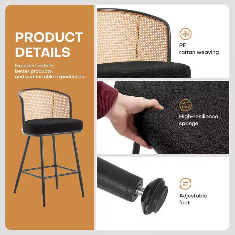 Sgabelli da bar in tessuto bouclé nero/bianco/verde e pelle PU con schienale in rattan – Set da 2/3/4, altezza bancone