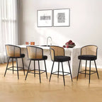 Sgabelli da bar in tessuto bouclé nero/bianco/verde e pelle PU con schienale in rattan – Set da 2/3/4, altezza bancone