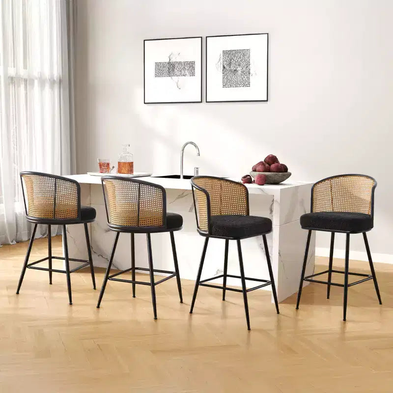 Sgabelli da bar in tessuto bouclé nero/bianco/verde e pelle PU con schienale in rattan – Set da 2/3/4, altezza bancone