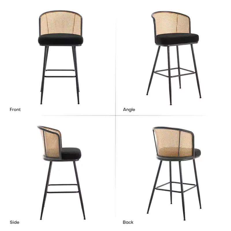 Sgabelli da bar in tessuto bouclé nero/bianco/verde e pelle PU con schienale in rattan – Set da 2/3/4, altezza bancone