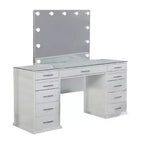 Set toeletta a specchio LED bianco per 3 persone, piano in vetro e sgabello imbottito