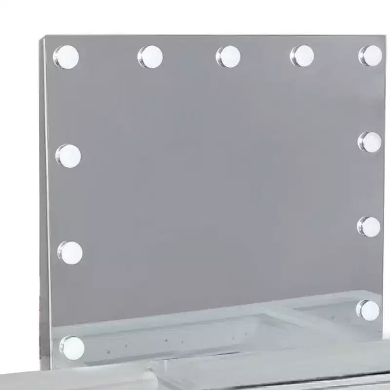 Set toeletta a specchio LED bianco per 3 persone, piano in vetro e sgabello imbottito
