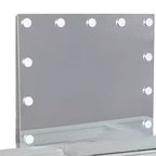 Set toeletta a specchio LED bianco per 3 persone, piano in vetro e sgabello imbottito