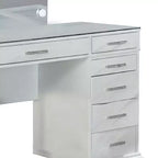 Set toeletta a specchio LED bianco per 3 persone, piano in vetro e sgabello imbottito