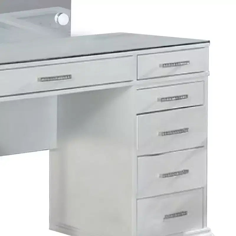 Set toeletta a specchio LED bianco per 3 persone, piano in vetro e sgabello imbottito