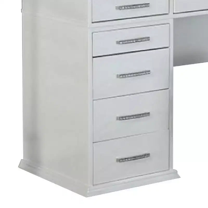 Set toeletta a specchio LED bianco per 3 persone, piano in vetro e sgabello imbottito