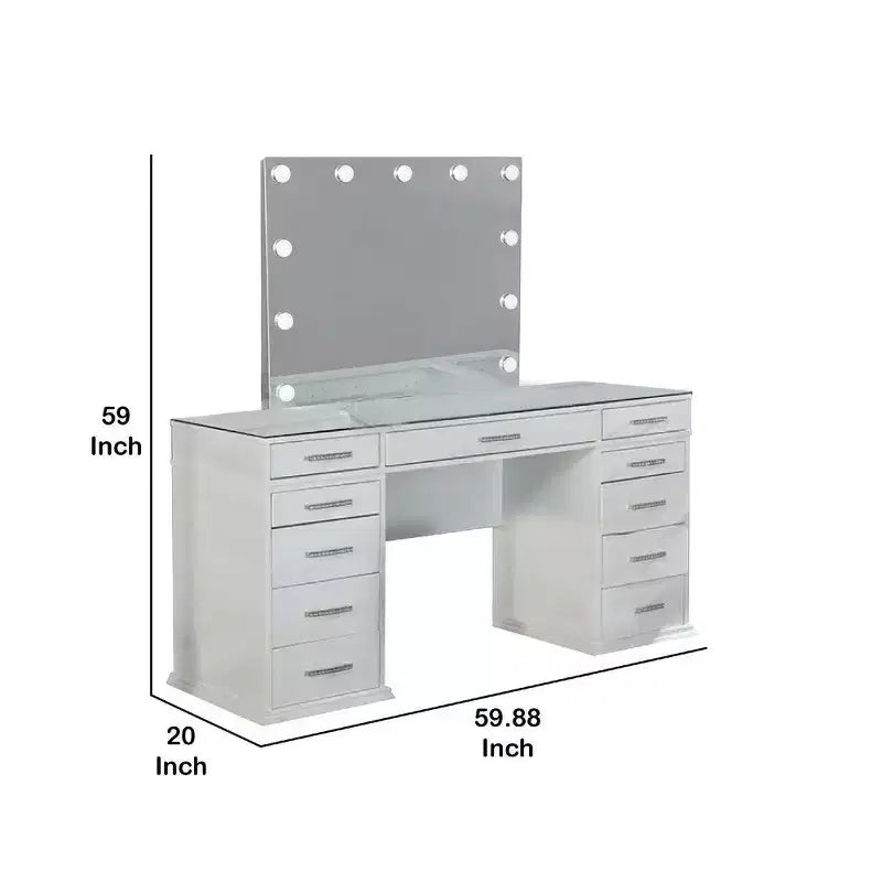 Set toeletta a specchio LED bianco per 3 persone, piano in vetro e sgabello imbottito