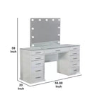 Set toeletta a specchio LED bianco per 3 persone, piano in vetro e sgabello imbottito