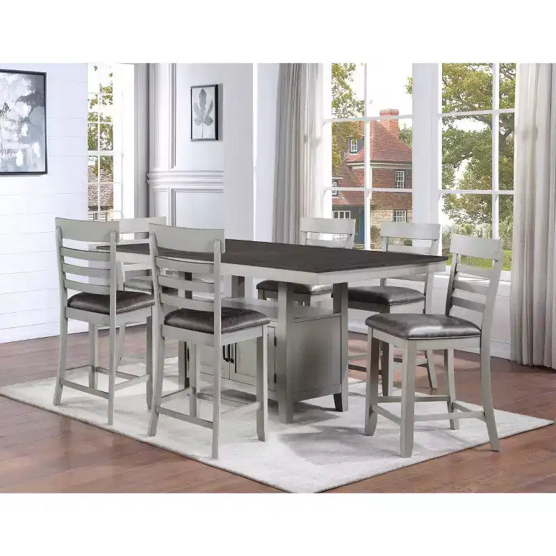 Set da pranzo da 7 pezzi altezza bancone grigio e antracite con base contenitore, per 6-8 persone