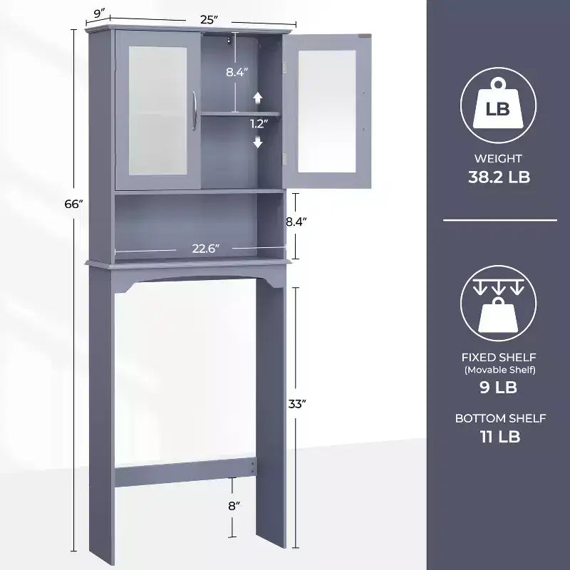 Mobiletto da bagno salvaspazio da mettere sopra il WC con anta e ripiano aperto | Espresso / Grigio / Blu Marino / Bianco | Montaggio da 1 persona