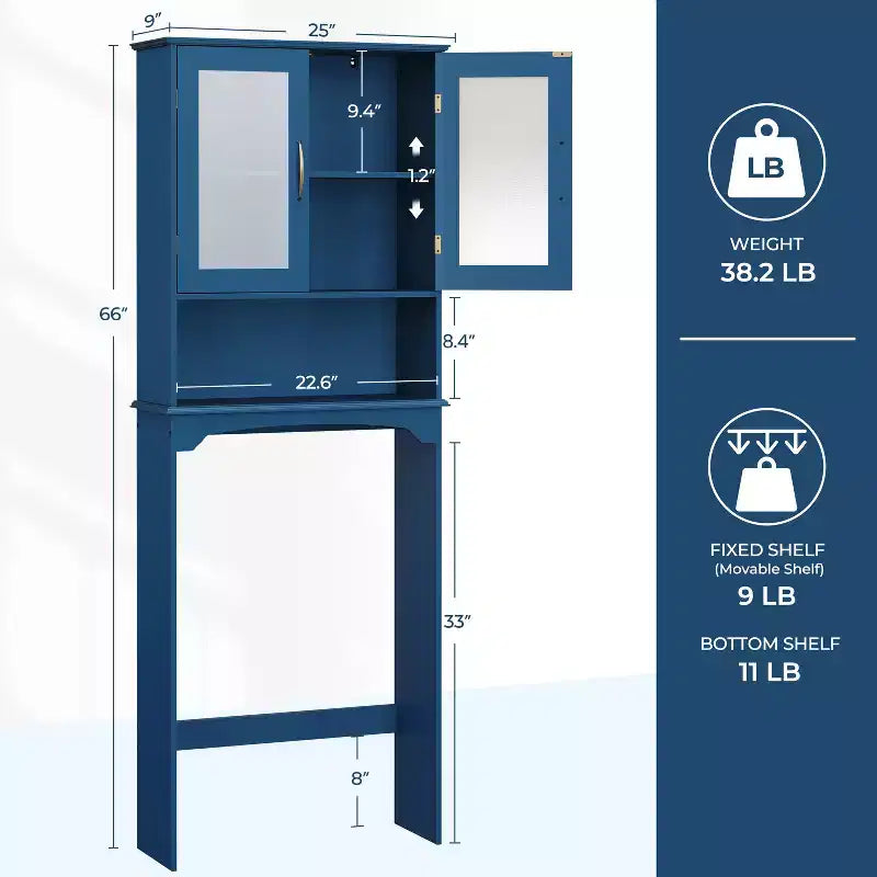 Mobiletto da bagno salvaspazio da mettere sopra il WC con anta e ripiano aperto | Espresso / Grigio / Blu Marino / Bianco | Montaggio da 1 persona