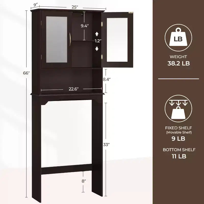 Mobiletto da bagno salvaspazio da mettere sopra il WC con anta e ripiano aperto | Espresso / Grigio / Blu Marino / Bianco | Montaggio da 1 persona