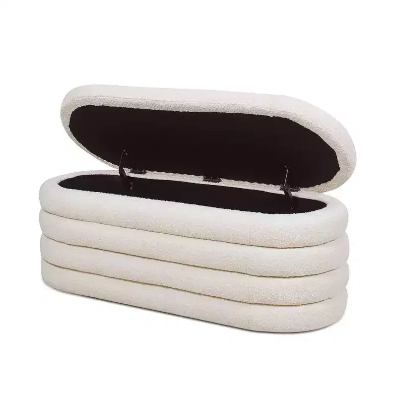 Panca contenitore ovale in tessuto Bouclé, colori Ebony Black / Ivory White / Olive Green, con trapuntatura, 1 posto