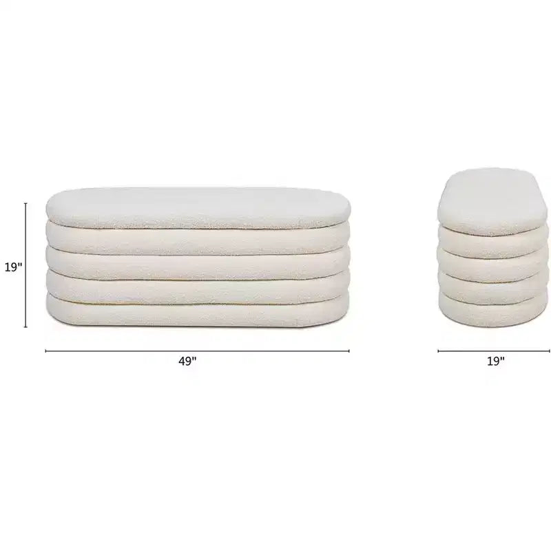 Panca contenitore ovale in tessuto Bouclé, colori Ebony Black / Ivory White / Olive Green, con trapuntatura, 1 posto