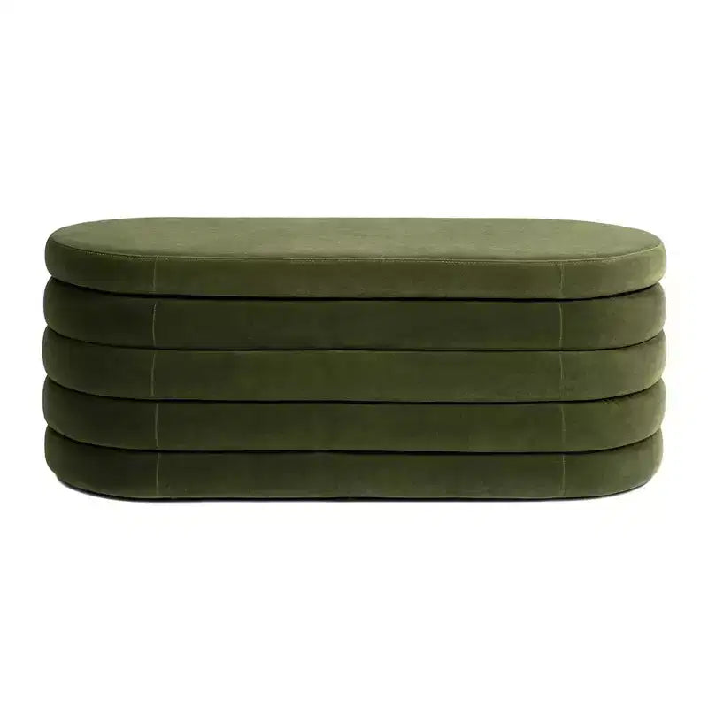 Panca contenitore ovale in tessuto Bouclé, colori Ebony Black / Ivory White / Olive Green, con trapuntatura, 1 posto