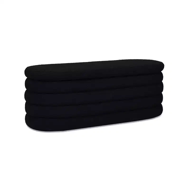 Panca contenitore ovale in tessuto Bouclé, colori Ebony Black / Ivory White / Olive Green, con trapuntatura, 1 posto