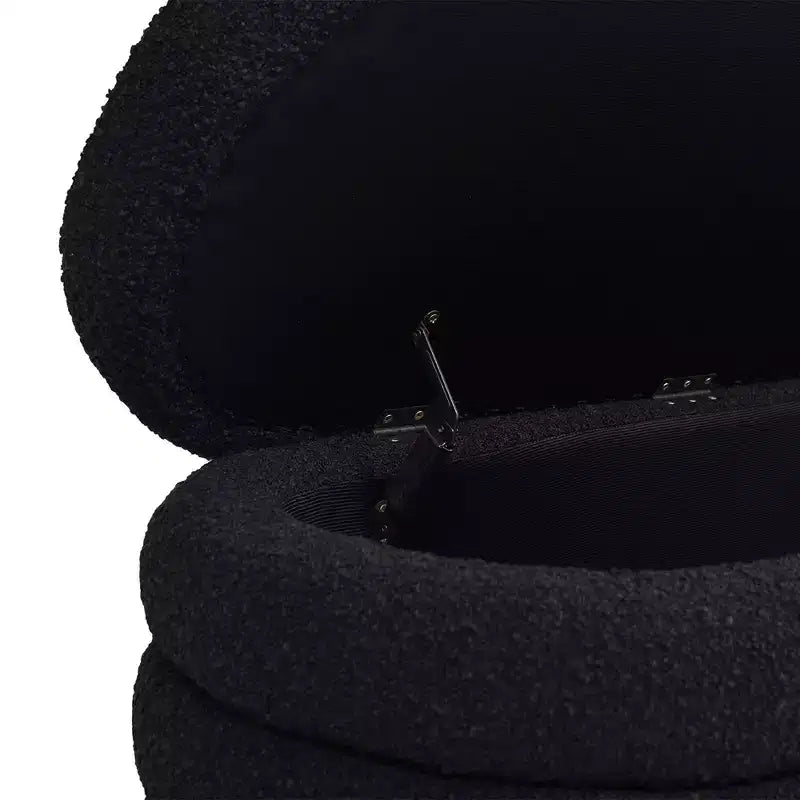 Panca contenitore ovale in tessuto Bouclé, colori Ebony Black / Ivory White / Olive Green, con trapuntatura, 1 posto