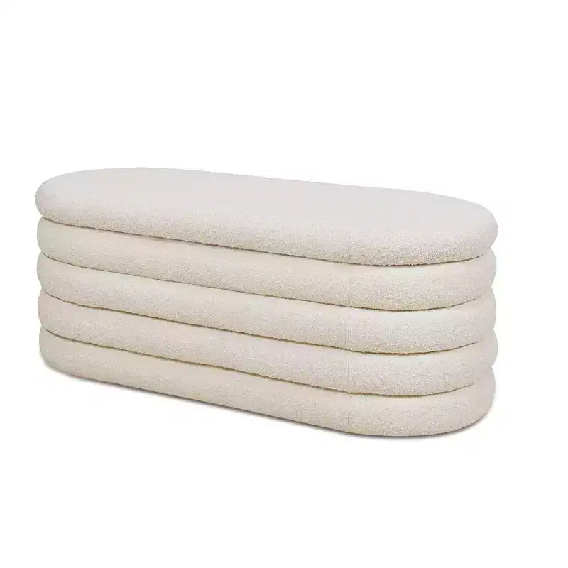 Panca contenitore ovale in tessuto Bouclé, colori Ebony Black / Ivory White / Olive Green, con trapuntatura, 1 posto