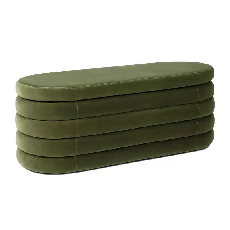 Panca contenitore ovale in tessuto Bouclé, colori Ebony Black / Ivory White / Olive Green, con trapuntatura, 1 posto