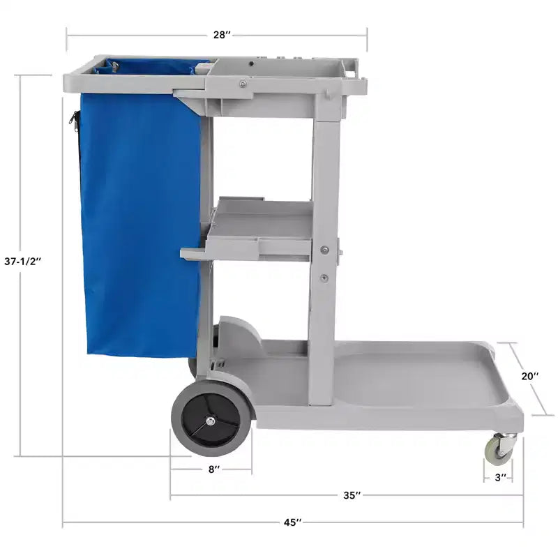 Carrello per pulizie Janitorial grigio con ripiani e borsa in vinile - Utente singolo