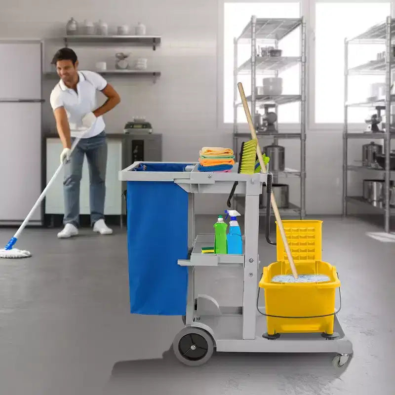 Carrello per pulizie Janitorial grigio con ripiani e borsa in vinile - Utente singolo