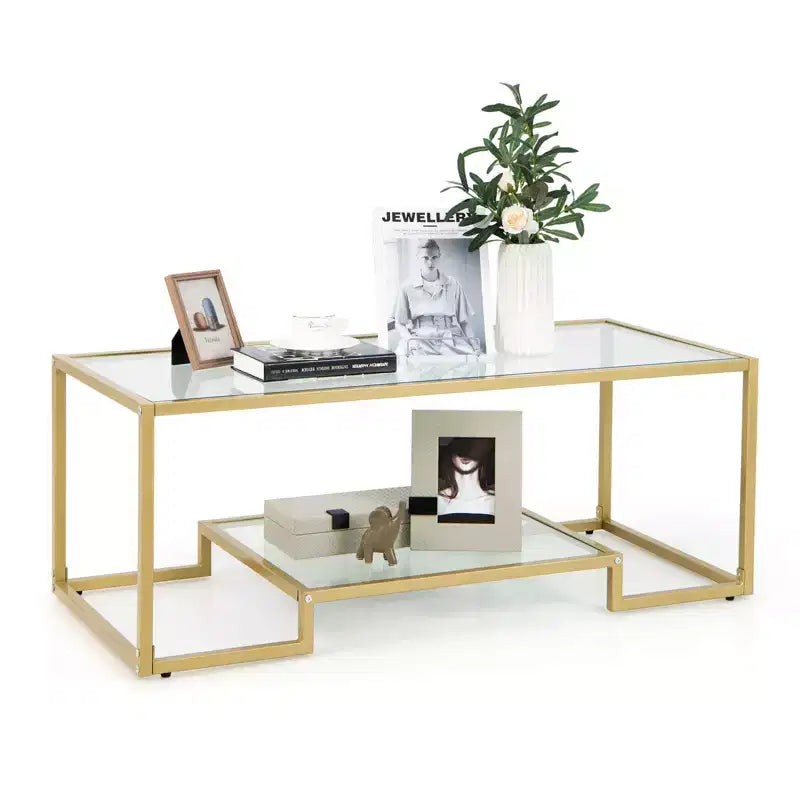 Costway 45'' Coffee Table Rectangular Tempered Glass Accent Table W/ Shelf Living Room