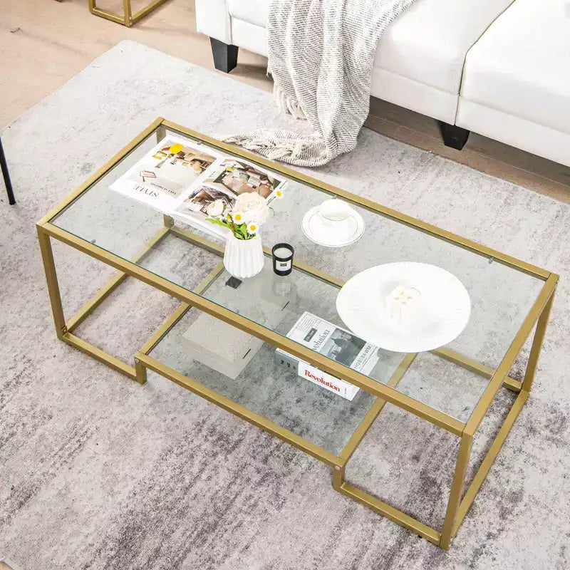 Tavolino rettangolare a 2 ripiani color oro e trasparente con ripiano portaoggetti, per 1 persona