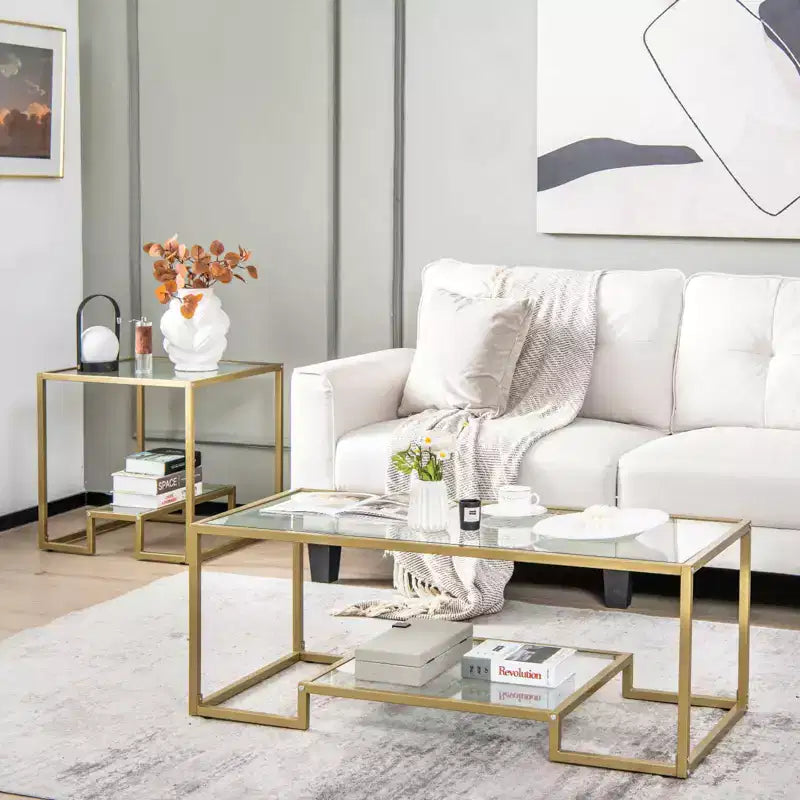 Tavolino rettangolare a 2 ripiani color oro e trasparente con ripiano portaoggetti, per 1 persona