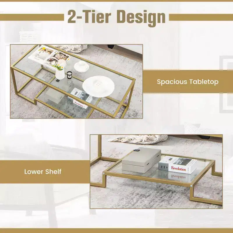Tavolino rettangolare a 2 ripiani color oro e trasparente con ripiano portaoggetti, per 1 persona