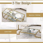 Tavolino rettangolare a 2 ripiani color oro e trasparente con ripiano portaoggetti, per 1 persona