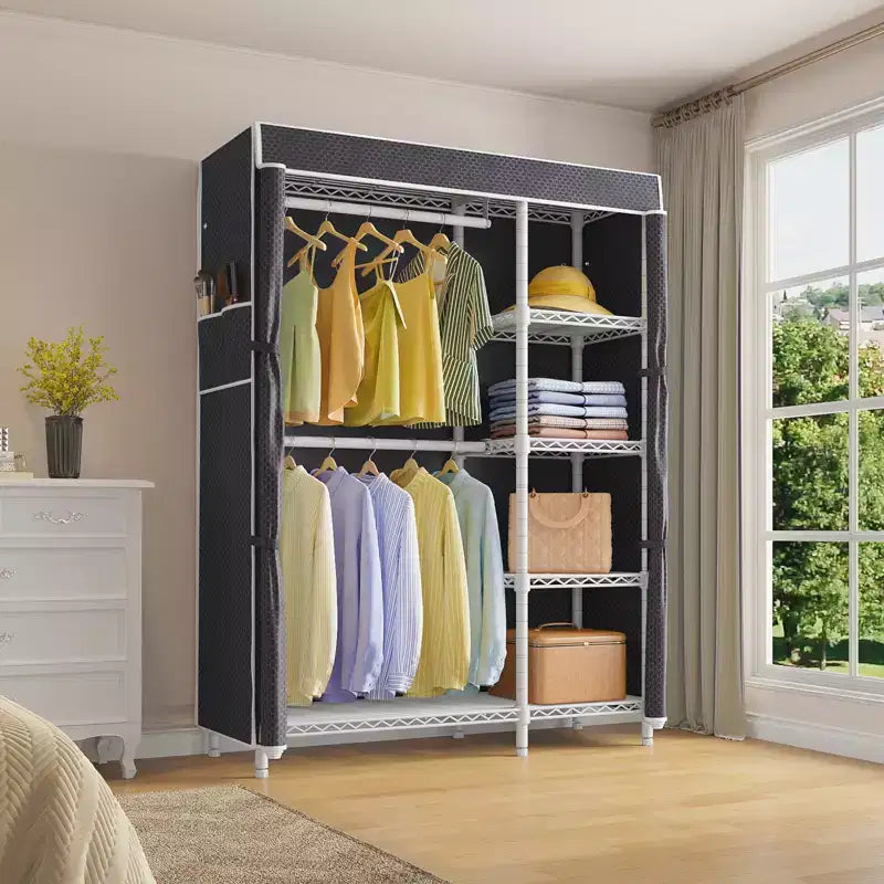Armadio portatile con doppia asta e copertura, 5 ripiani, 1 persona, colore bianco