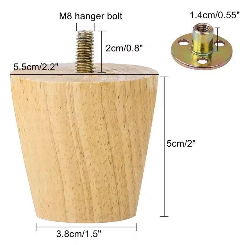 Gambe per mobili rotonde in legno di gomma naturale, set da 8 pezzi