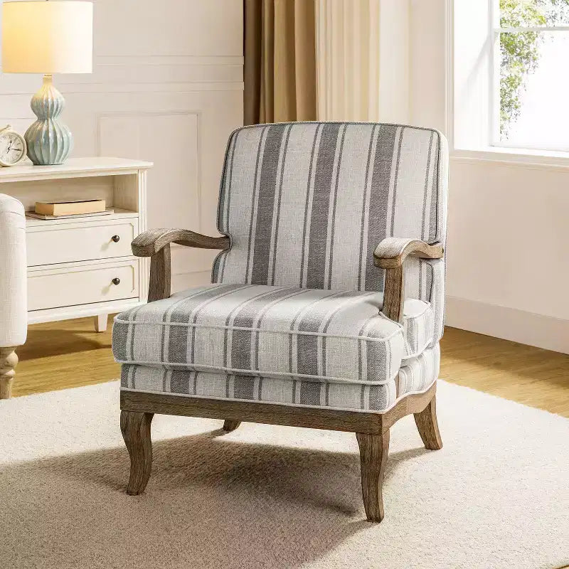 Poltrona imbottita rustica con braccioli in legno | Blu, Grigio, Righe, Cuoio | Posto singolo