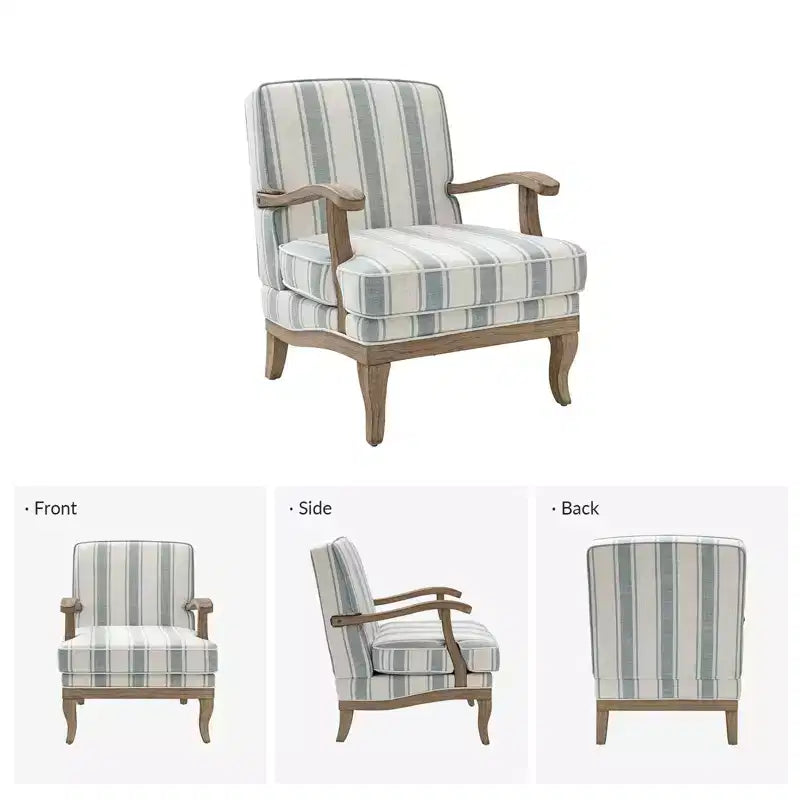Poltrona imbottita rustica con braccioli in legno | Blu, Grigio, Righe, Cuoio | Posto singolo