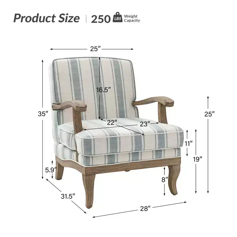 Poltrona imbottita rustica con braccioli in legno | Blu, Grigio, Righe, Cuoio | Posto singolo