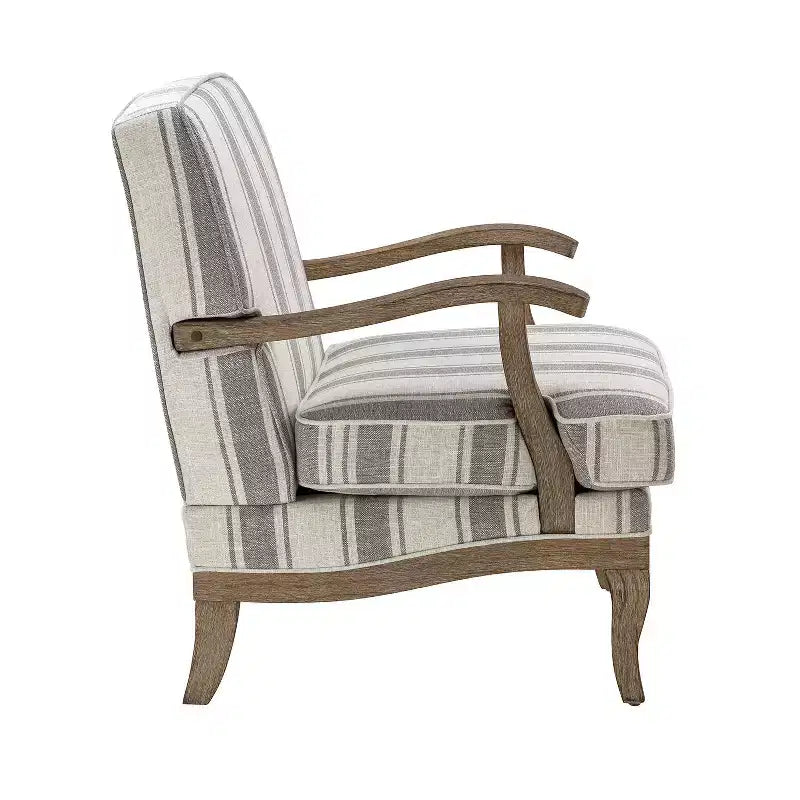 Poltrona imbottita rustica con braccioli in legno | Blu, Grigio, Righe, Cuoio | Posto singolo