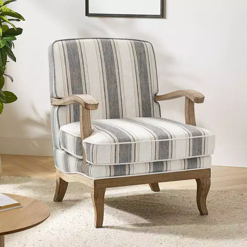 Poltrona imbottita rustica con braccioli in legno | Blu, Grigio, Righe, Cuoio | Posto singolo