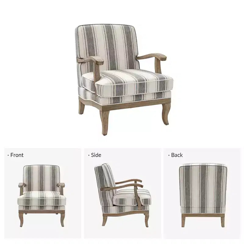 Poltrona imbottita rustica con braccioli in legno | Blu, Grigio, Righe, Cuoio | Posto singolo