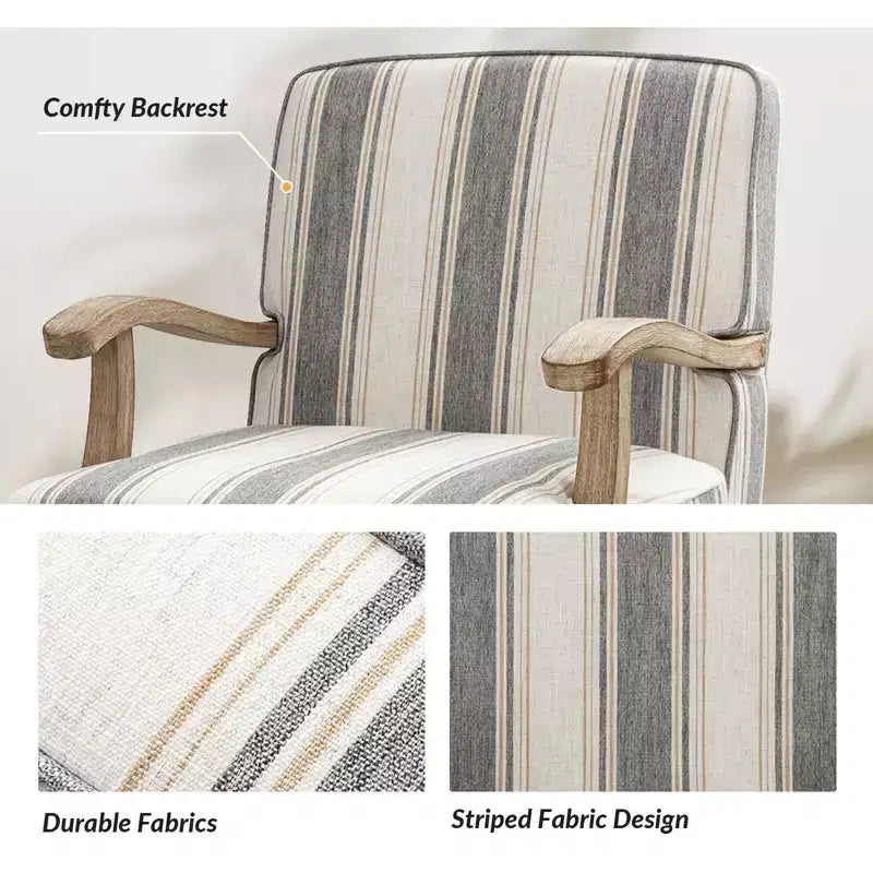 Poltrona imbottita rustica con braccioli in legno | Blu, Grigio, Righe, Cuoio | Posto singolo