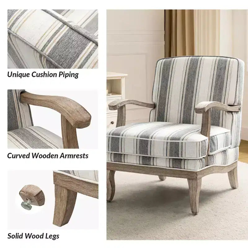 Poltrona imbottita rustica con braccioli in legno | Blu, Grigio, Righe, Cuoio | Posto singolo