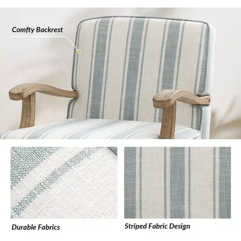Poltrona imbottita rustica con braccioli in legno | Blu, Grigio, Righe, Cuoio | Posto singolo